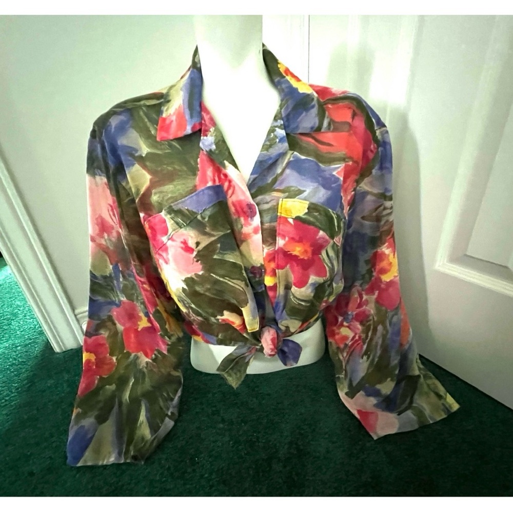 90s Colorful Flowery shirt / semi-sheer / custom made in 🇨🇦 with Parisian fabric